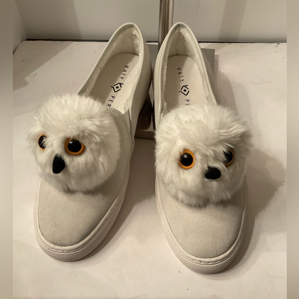 Katy Perry white owl slip on sneakers